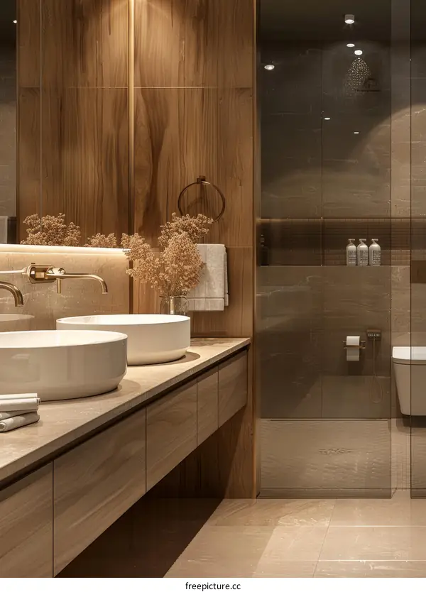 Modern Bathroom Design with Warm Wooden Tones