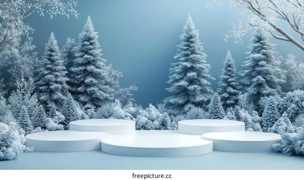 Snowy Forest Winter Scene with Podiums