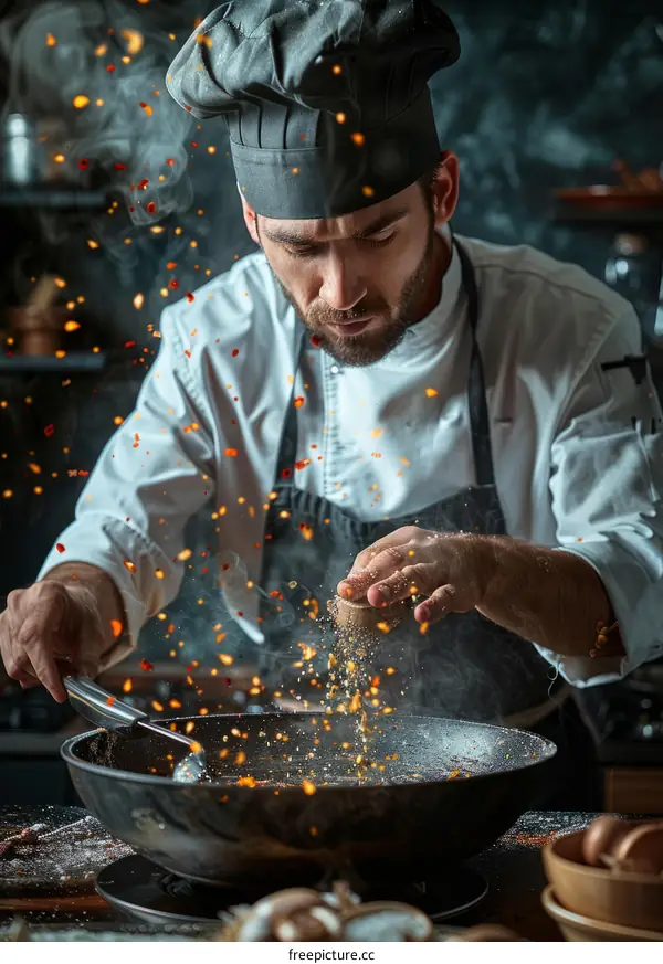 Focused male chef seasoning food in wok with spices in mid air