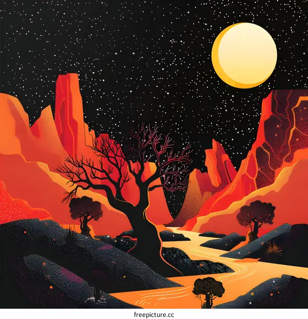 Night Sky with Stars and Moon Over Desert Landscape