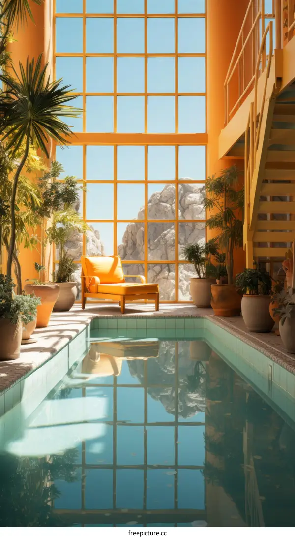 Modern architecture house interior with pool and big windows