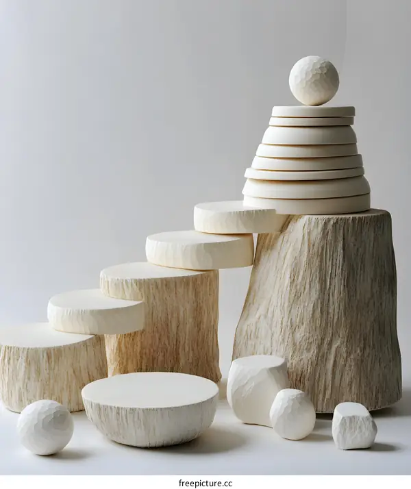 Wooden Sculpture with Stacked Circles on a Tree Trunk