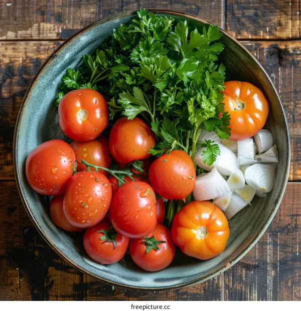 Fresh Organic Vegetables and Herbs on Wooden Table