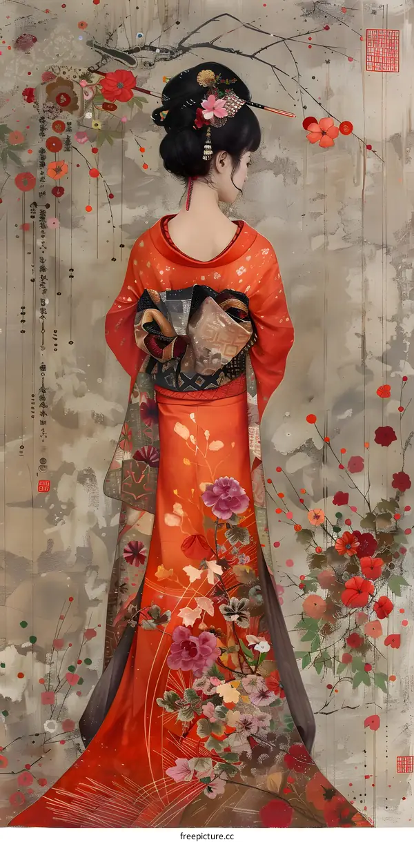 Japanese Woman in Traditional Kimono with Flowers