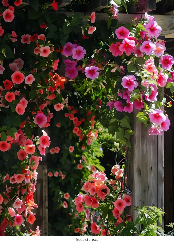 Pink and Red Flowers Growing on Wooden Structure