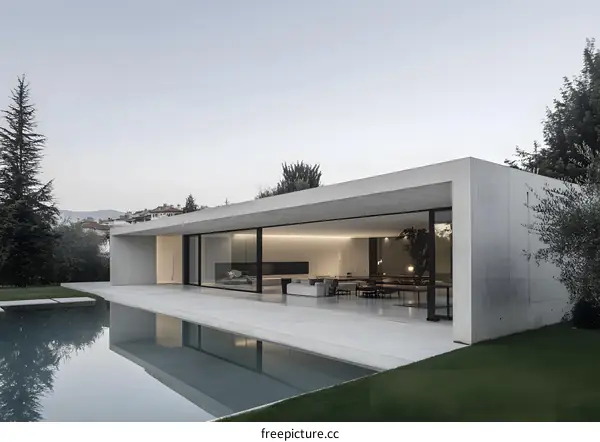 Minimalist Modern Home With Pool And Green Lawn