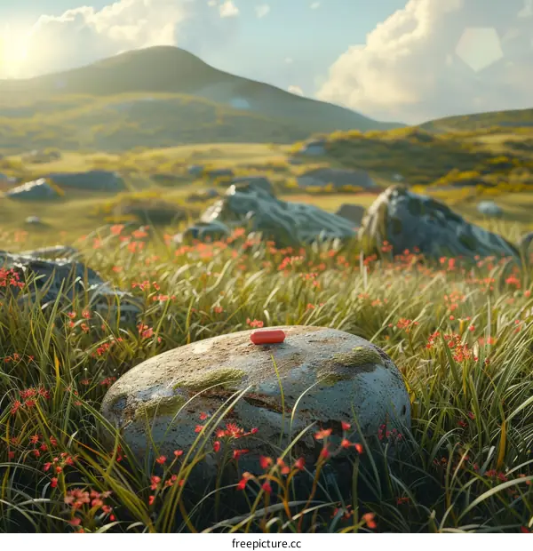 Red pill on a rock in a grassy field with a mountain in the distance