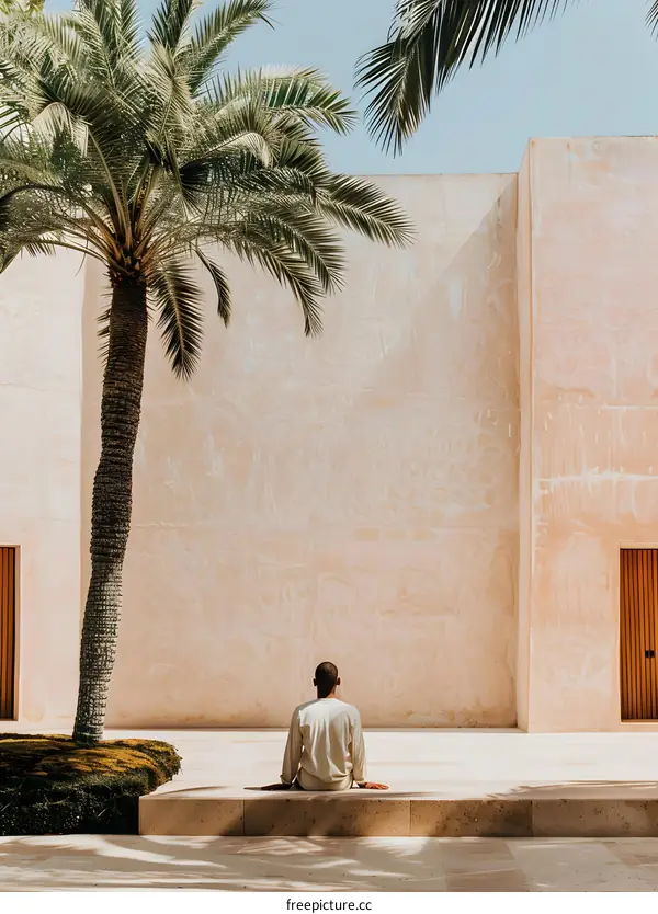 Man Sitting in Front of a White Wall with Palm Trees