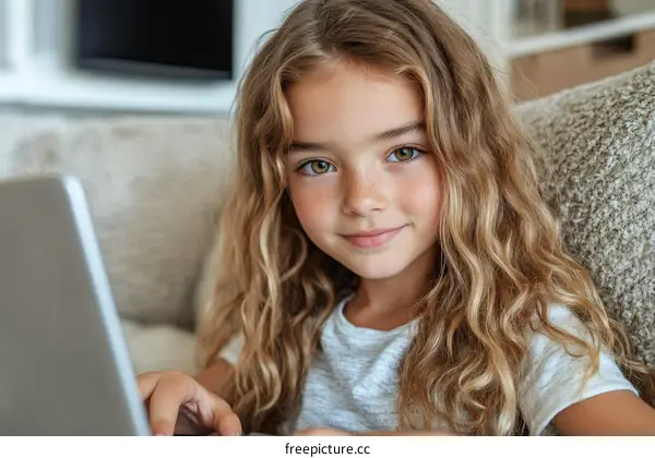 Girl Using Laptop in Living Room