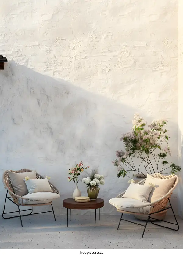 Minimalist Patio Design with Wicker Chairs and Flowers