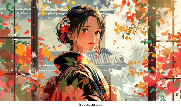 An illustration of a beautiful Japanese woman in a kimono standing in a garden