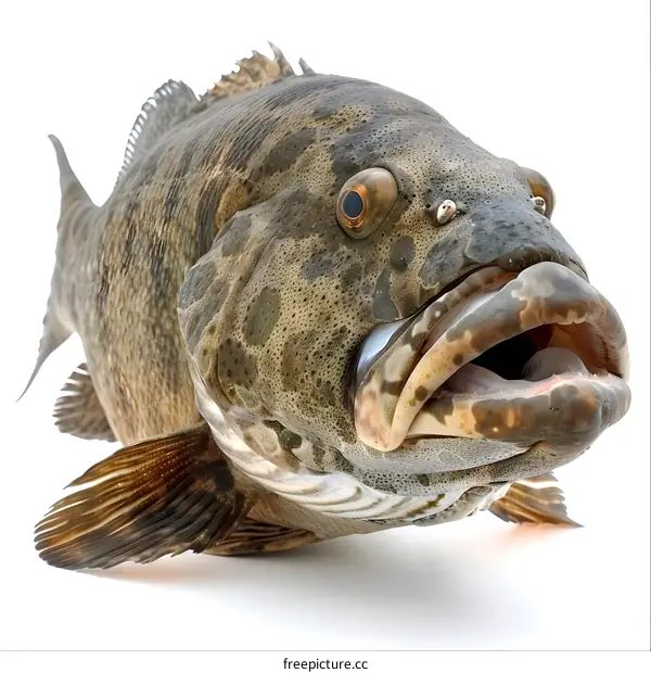 A large grouper fish with its mouth open isolated on a white background