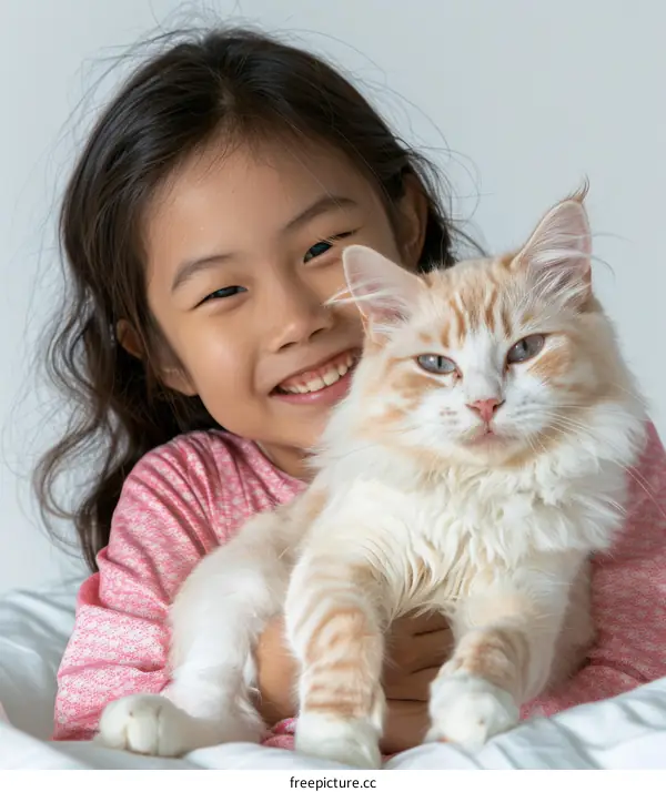 A girl hugging an orange cat