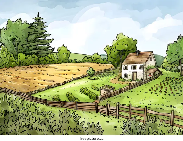 Watercolor Painting of Countryside House with Farmland