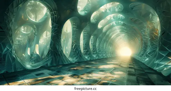 Futuristic tunnel with glowing neon green light