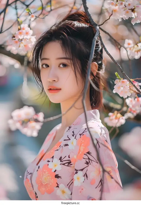 Beautiful Asian Woman in Pink Floral Dress Posing with Cherry Blossoms