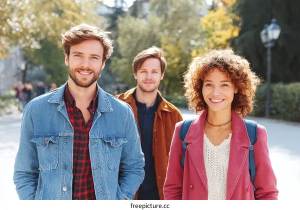 Three young people walking in the park