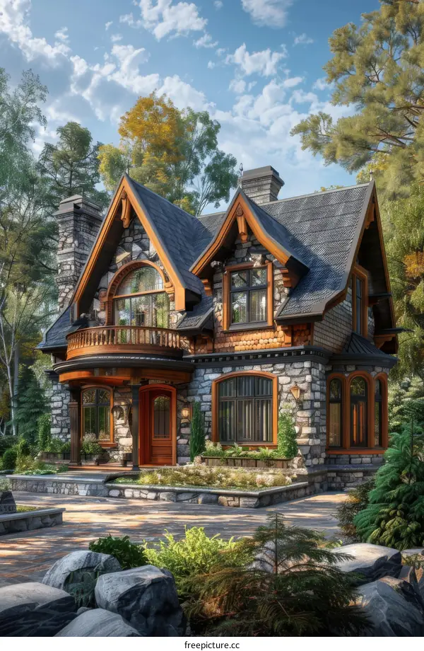 Elegant Stone House in a Forest Landscape Illustration