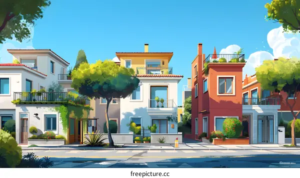 A row of colorful houses with trees and flowers