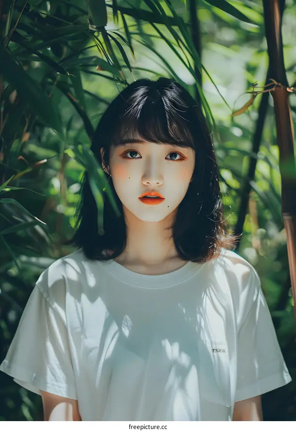 Asian Woman With Black Hair Wearing A White T-Shirt And Looking At The Camera In The Woods