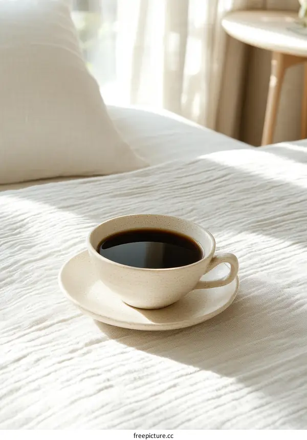 Morning Coffee on a White Bed