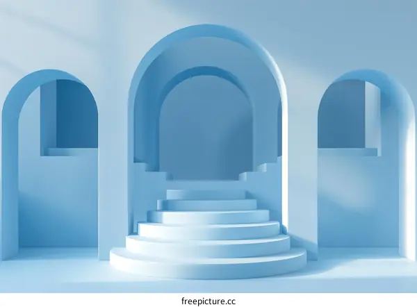 Blue podium and arches in a blue room
