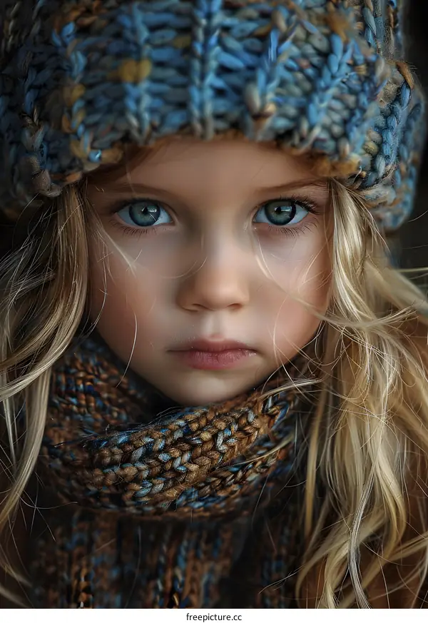 portrait of a beautiful blonde girl in a blue hat and scarf