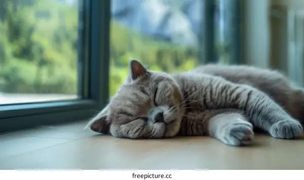 A cute gray cat is sleeping on the floor in front of a window.