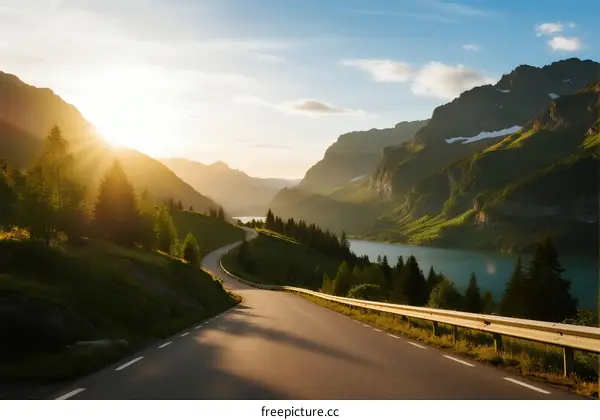 Sunlit winding road through mountainous landscape with lake