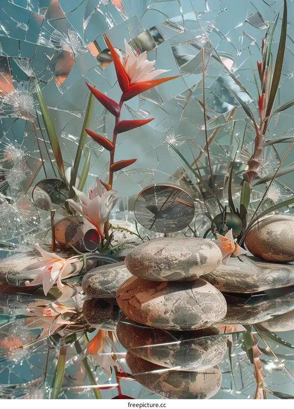 Still life with broken glass and flowers