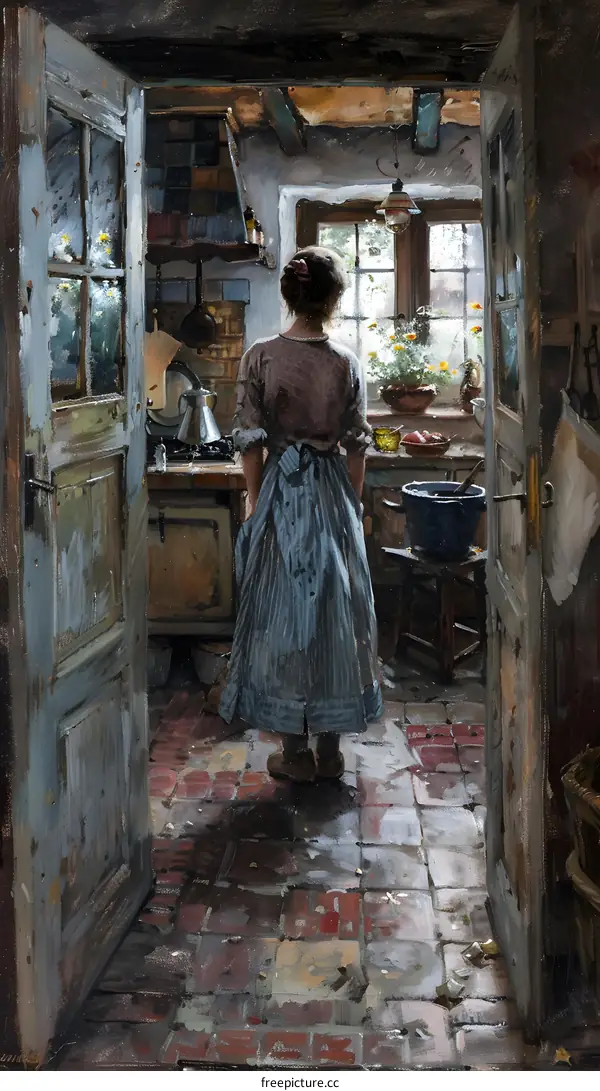 A woman standing in a kitchen looking out the window