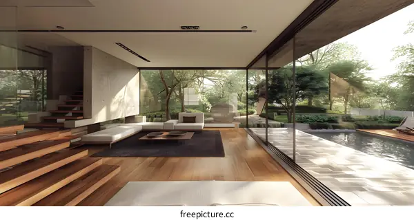 Modern Minimalist Home Interior Design with Large Windows and View of a Backyard Pool
