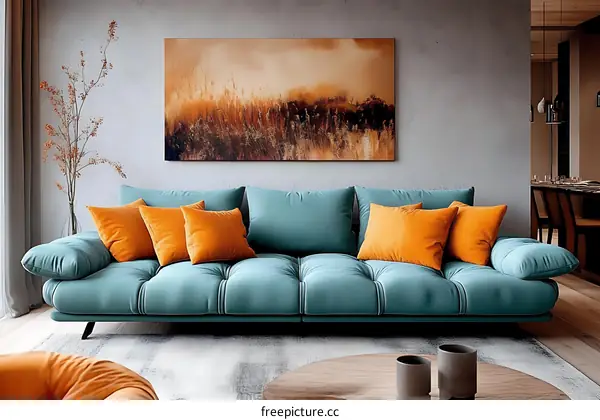 Modern Living Room with Teal Sofa and Orange Pillows