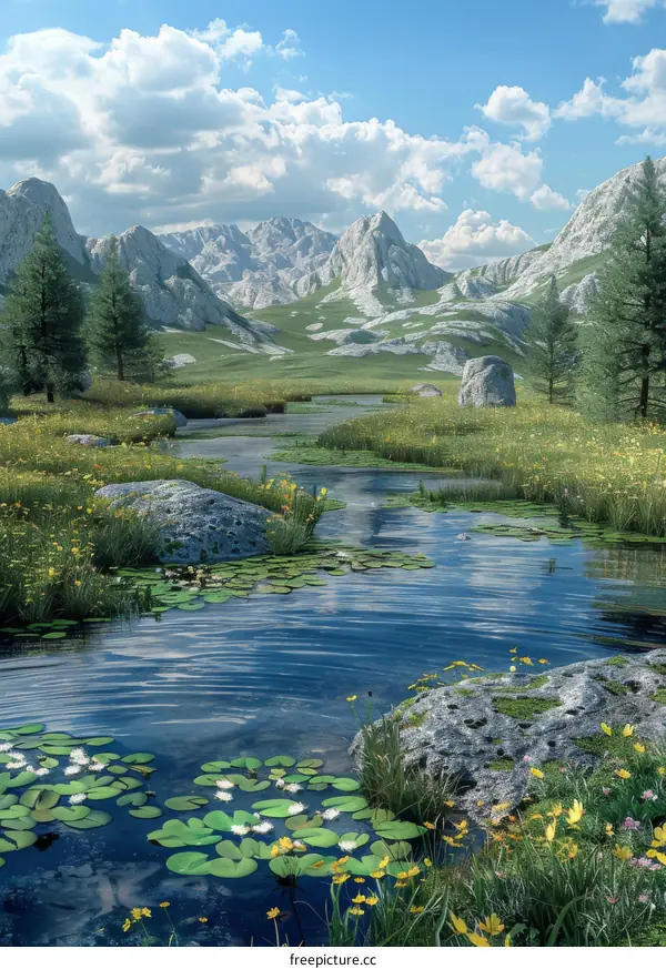 Tranquil valley landscape with river and flowers