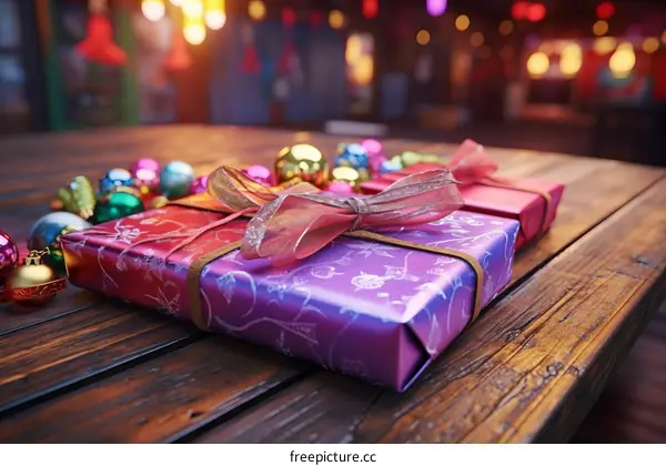 Beautifully Wrapped Presents Adorn a Wooden Table
