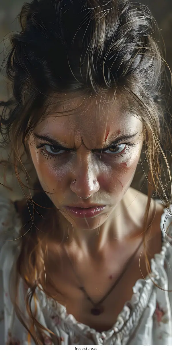 Portrait of a young woman with a stern expression