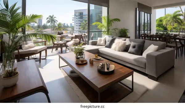 Bright Airy Modern Living Room with Tropical Terrace
