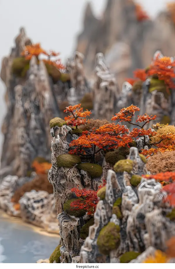 Miniature Mountain Landscape with Red Trees and Moss