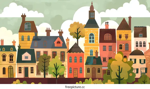 Colorful Houses in a Row With Green Trees