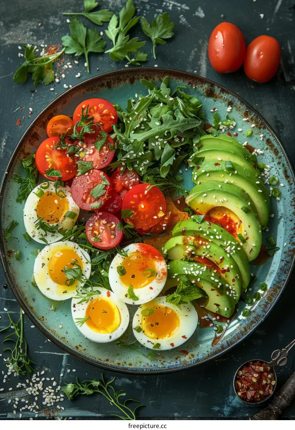 Healthy avocado and egg salad with cherry tomatoes