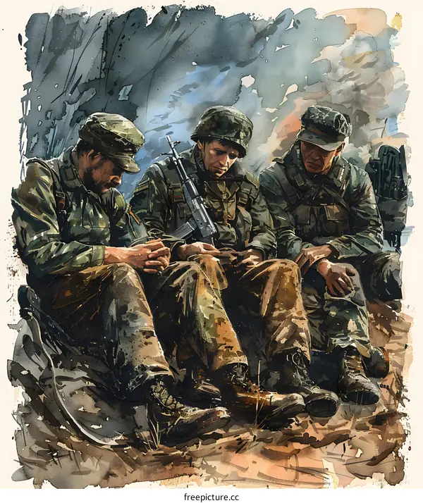 Three soldiers are praying before going into battle
