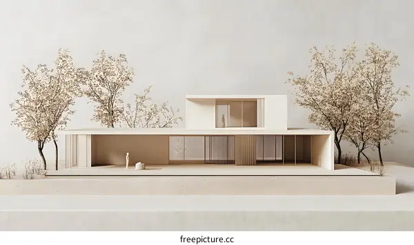 Modern Minimalist House Architectural Model with Trees