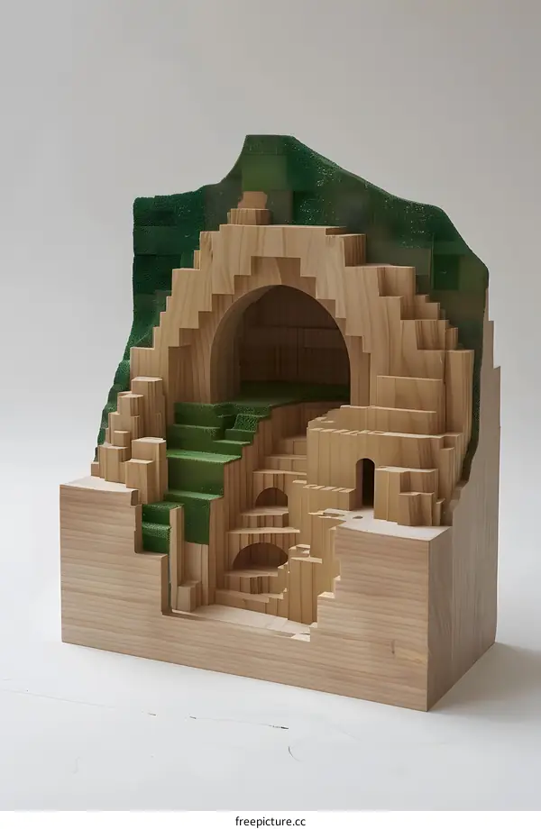 Wooden Model Of A Cave With Green Grass On The Top