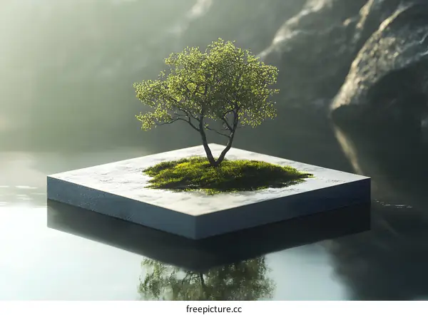 Small Tree on a Platform in a Lake with Foggy Background