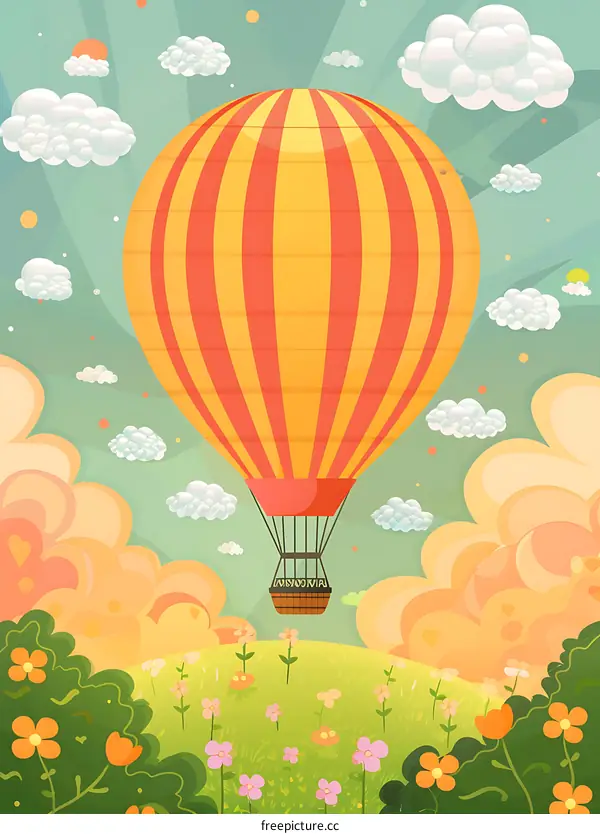Hot Air Balloon Illustration With Colorful Clouds and Flowers