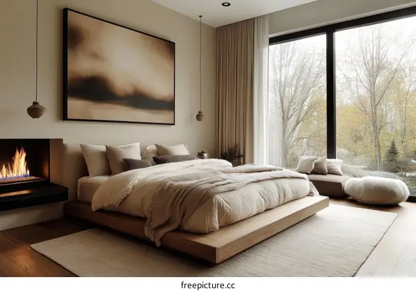 Modern Minimalist Bedroom with Cozy Fireplace