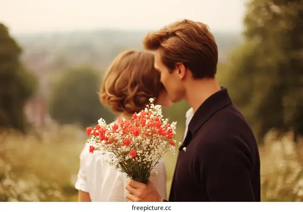 A young couple sharing a kiss in a field with red and white flowers