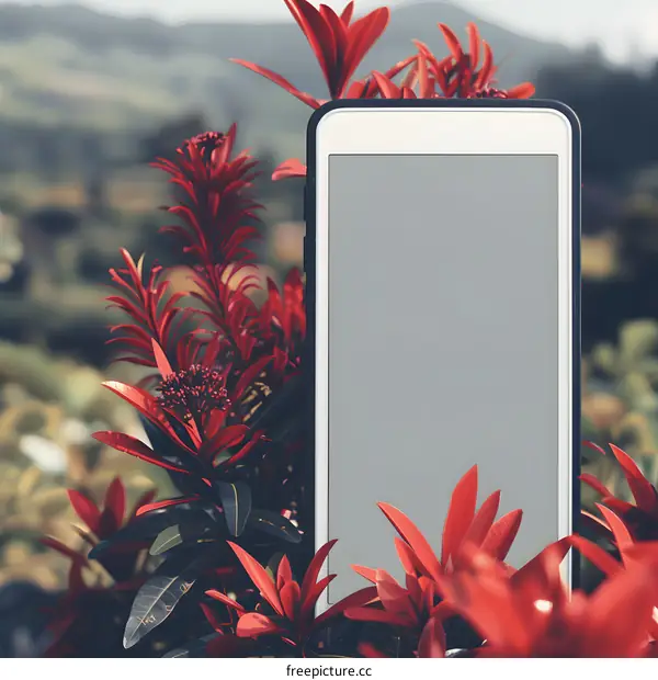 Blank Smartphone Screen With Red Flowers And Green Background