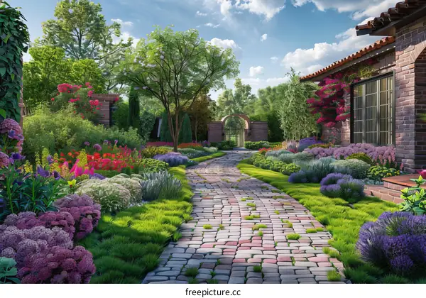 colorful lush blooming spring garden with stone path