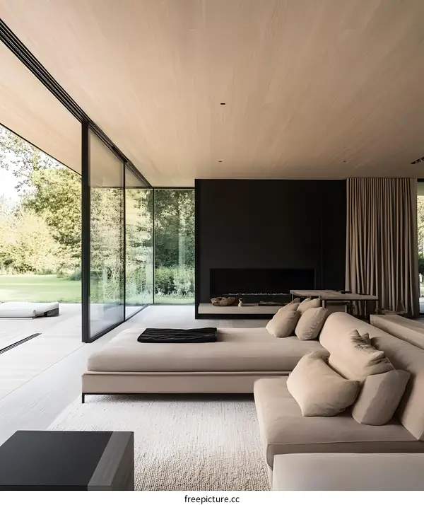 Modern Minimalist Living Room with Large Windows and a Fireplace